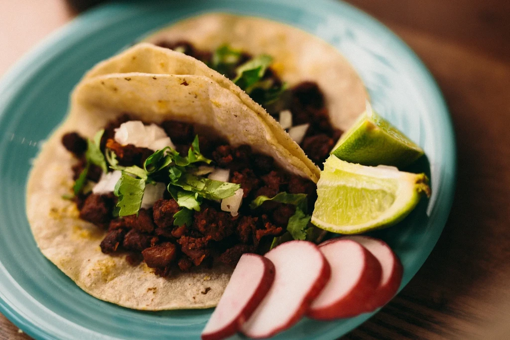 Two meat tacos, onion, cilantro, lime, radishes on a teal plate.