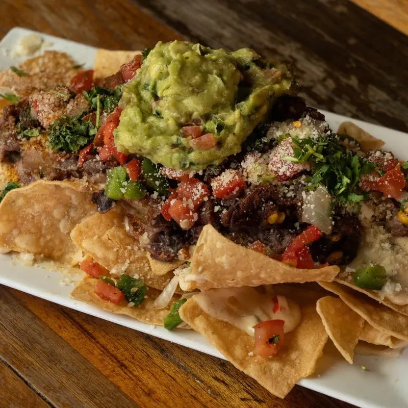 Close-up of abundant nachos with guacamole, beans, cheese, and cilantro.