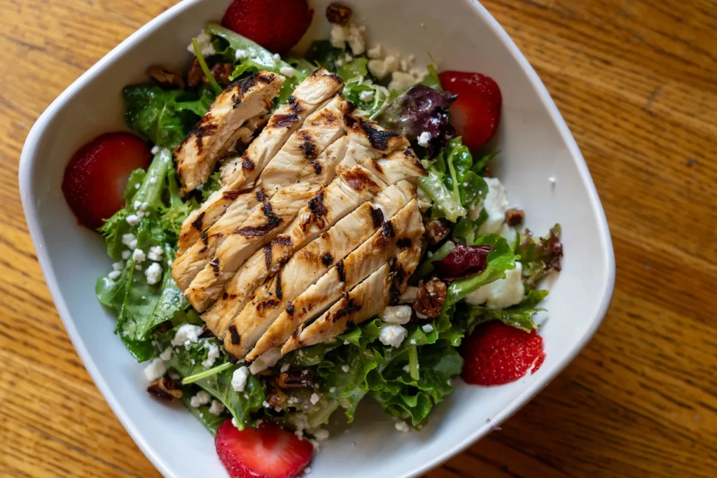 Overhead grilled chicken salad with cheese, cranberries, pecans, and strawberries.