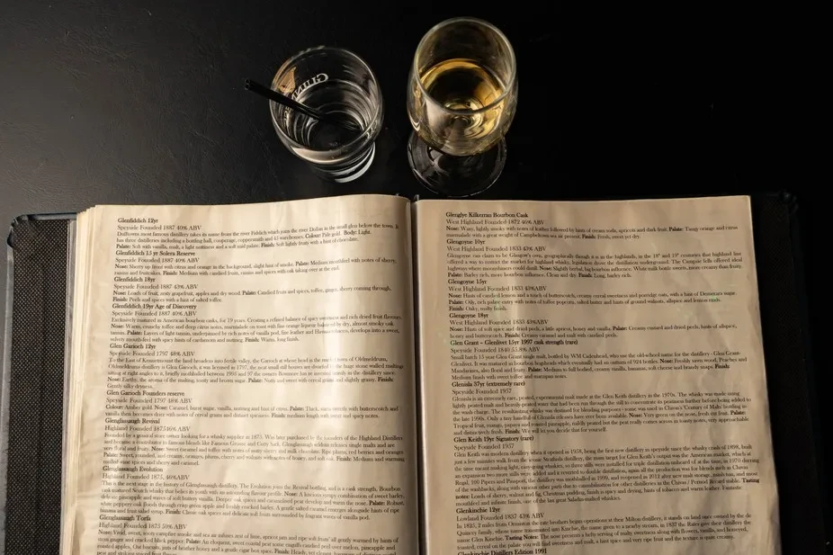 Open book detailing whiskies, with whisky and water glasses.