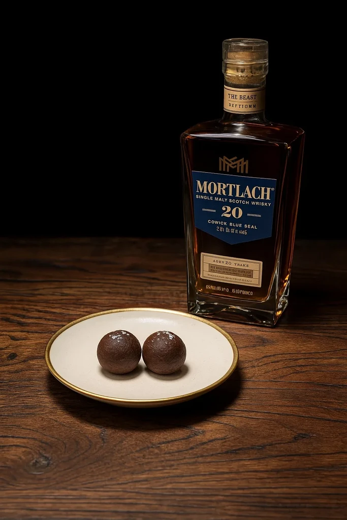 Mortlach 20 Scotch whisky bottle and two sprinkled truffles.