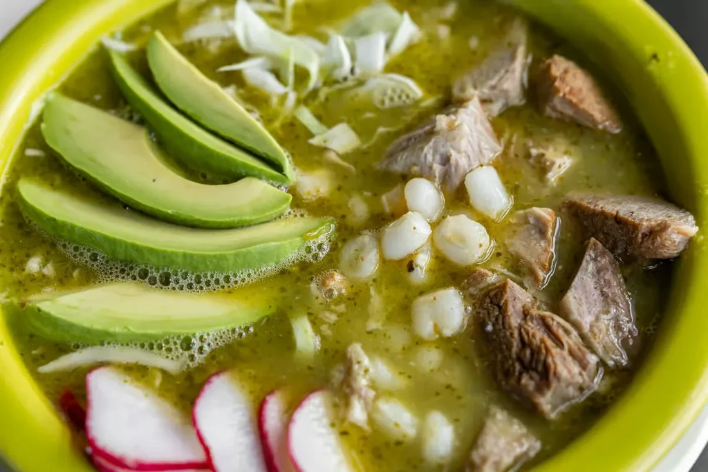 Close-up of green Pozole soup with avocado, radish, meat, and hominy.