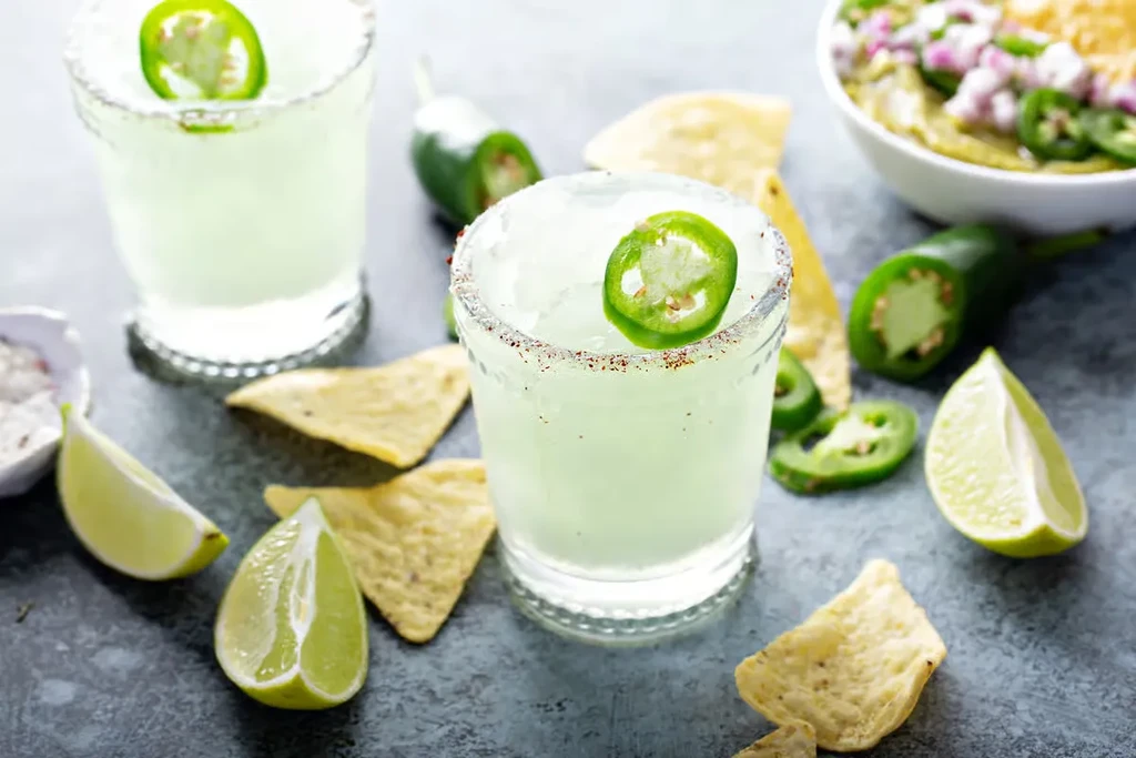 Two margaritas with chili salt rims, jalapeños, chips, lime, and guacamole.