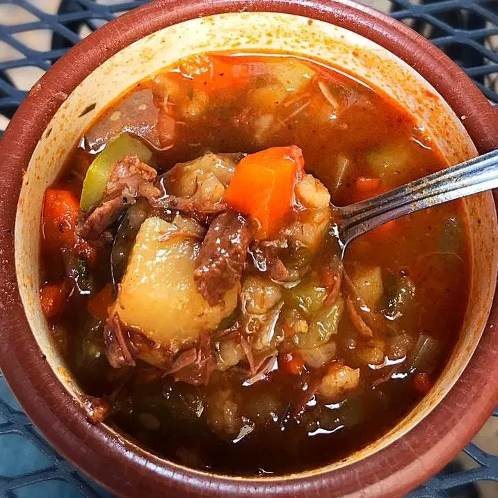 Hearty beef stew with vegetables in a rustic bowl, top-down.