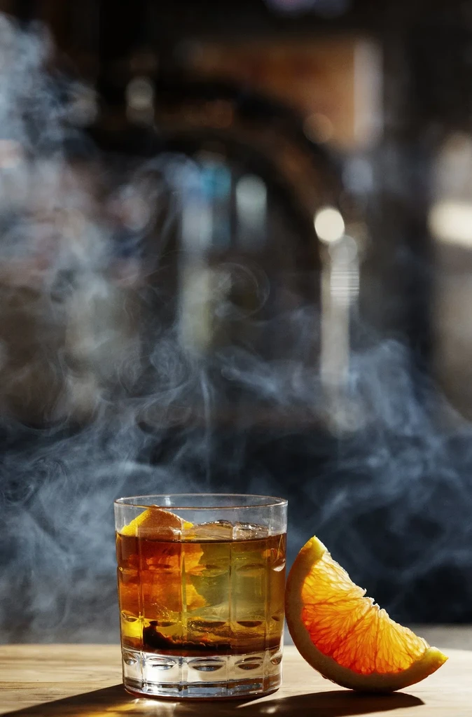 Amber cocktail in rocks glass with orange, ice, smoke on wood.