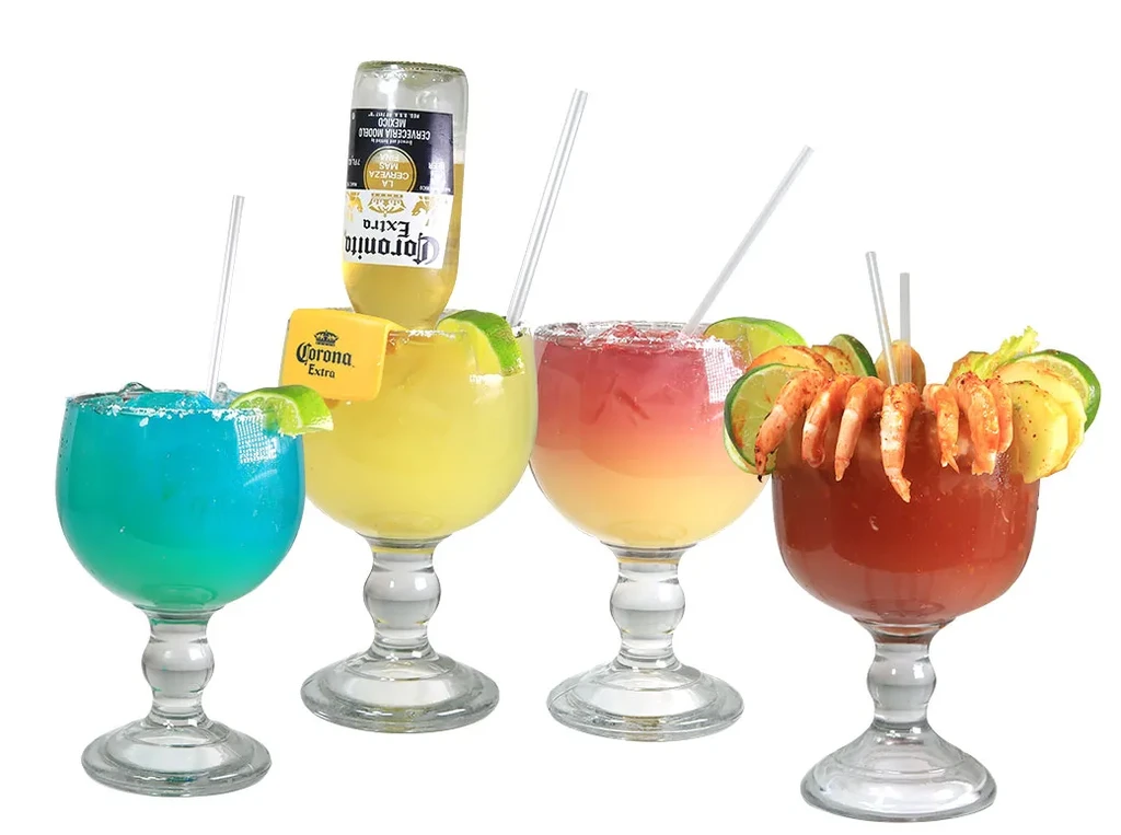 Four diverse cocktails in hurricane glasses, featuring a beer bottle and shrimp.