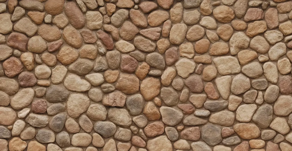 A natural stone wall built from varied, earthy-colored river pebbles.