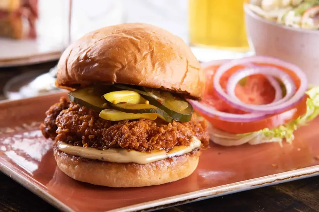 Crispy fried chicken sandwich with pickles, lettuce, tomato, and onion.