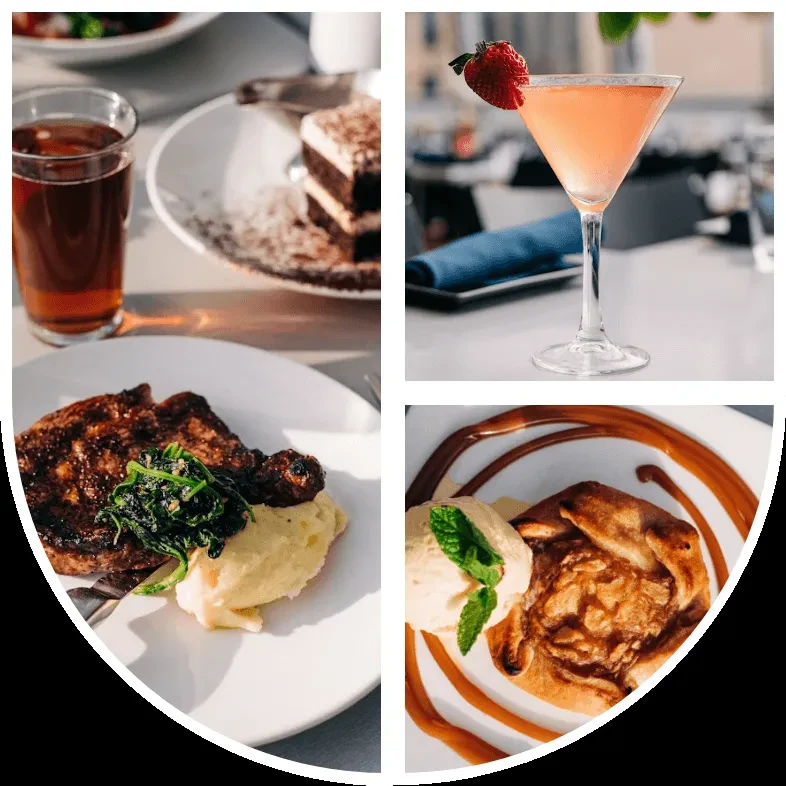Collage of professional food and drinks: cocktails, steak, and dessert.