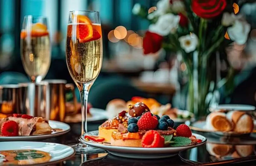 Restaurant table with garnished champagne flutes, elaborate desserts, and flowers.