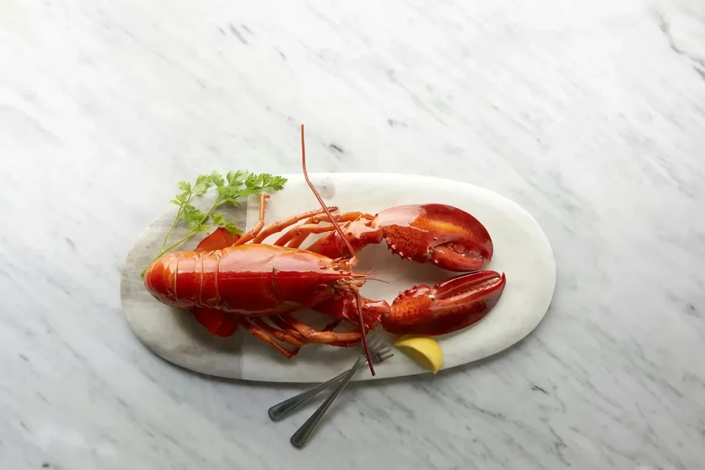 Cooked red lobster on marble platter with lemon, parsley, and forks.