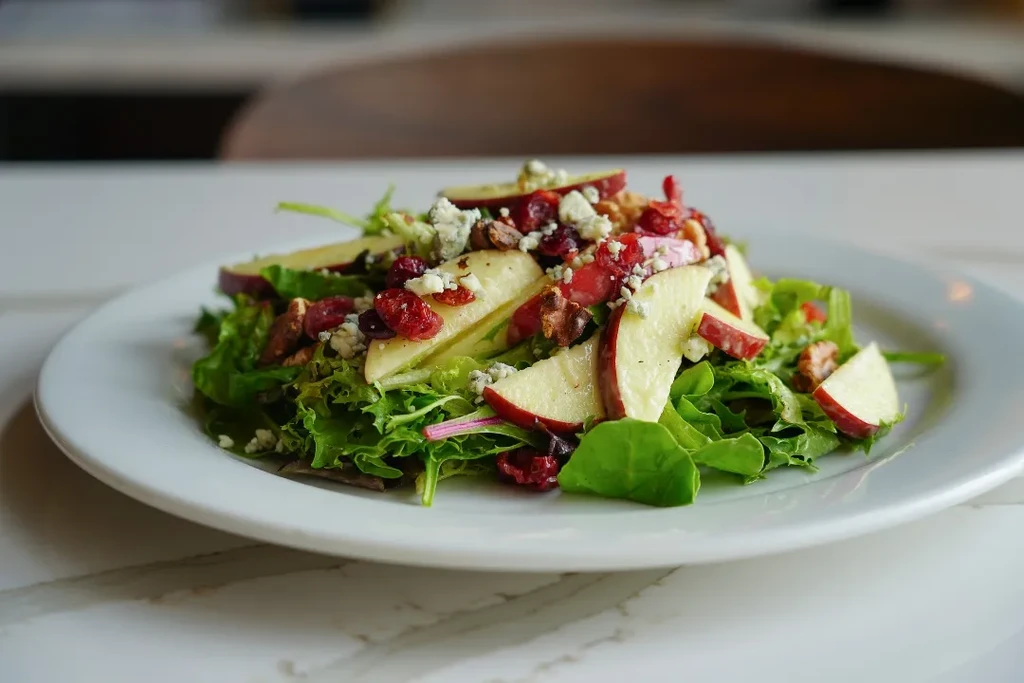 Lettuce salad with apples, cranberries, walnuts, blue cheese.