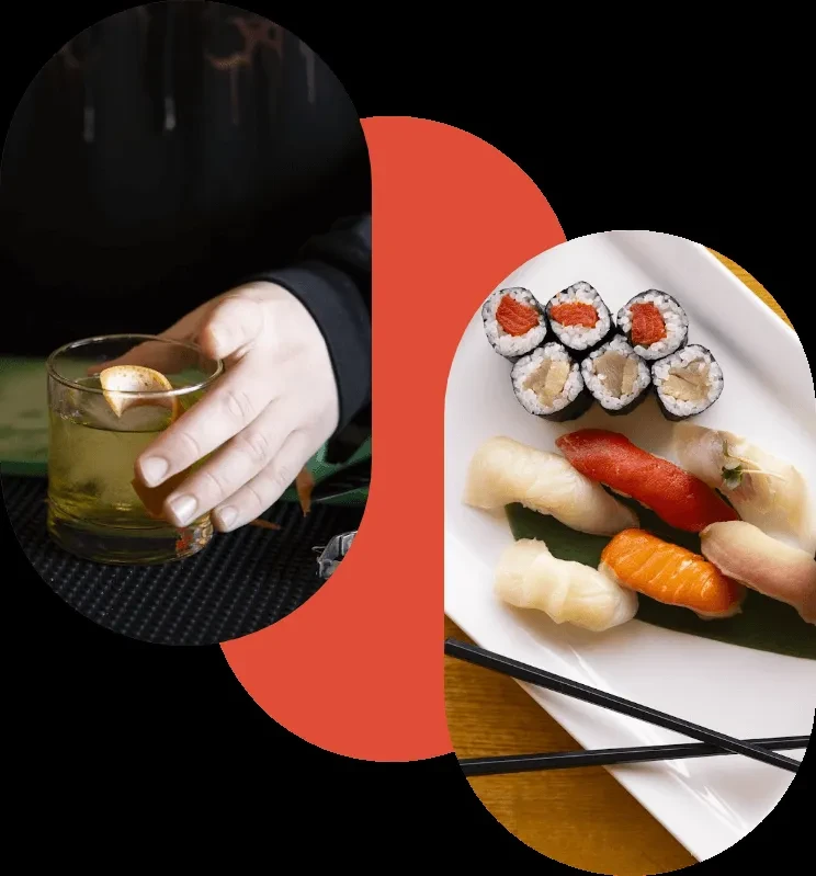 Composite image: hand holding amber cocktail, and sushi platter with chopsticks.