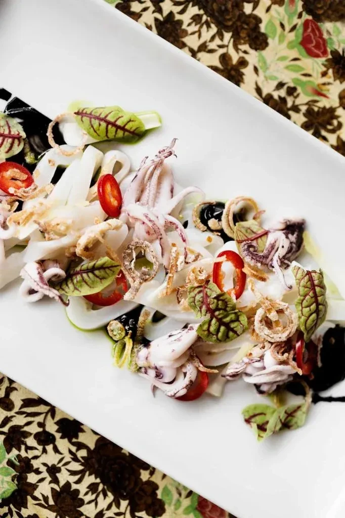 Rectangular plate of calamari with chili, sorrel, fried shallots, dark sauce.