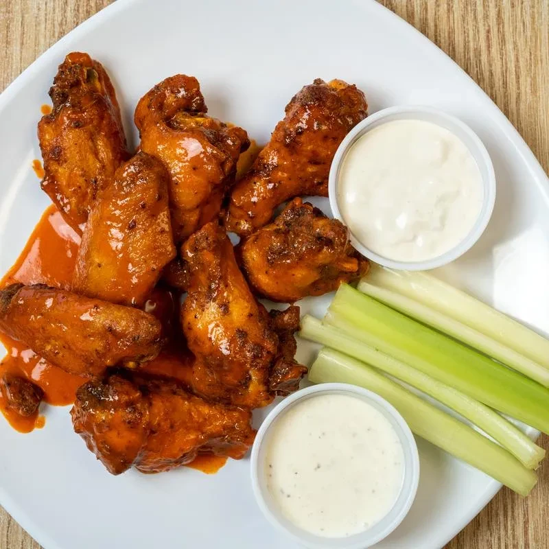 Glossy buffalo chicken wings, dipping sauces, and fresh celery.