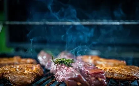 Rosemary skewer and meat cuts grilling on dark grate, with smoke.