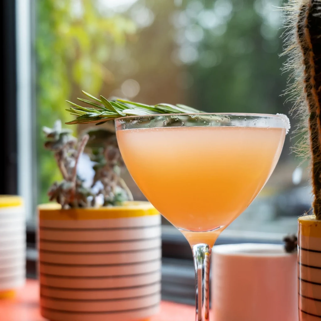 Light orange cocktail in coupe glass with rosemary garnish, sugared rim.