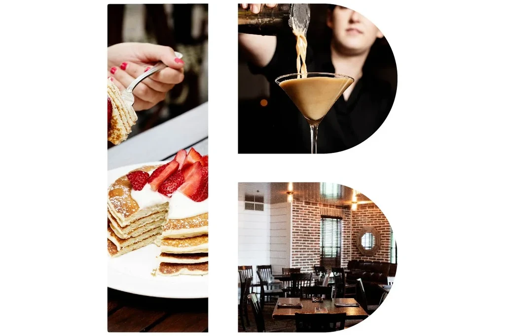 D-shaped collage: pancakes, cocktail being poured, restaurant dining room.