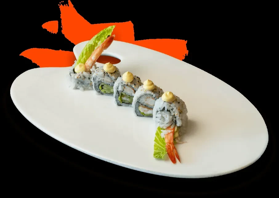 Five inside-out sushi rolls with shrimp, sesame seeds, and yellow sauce.