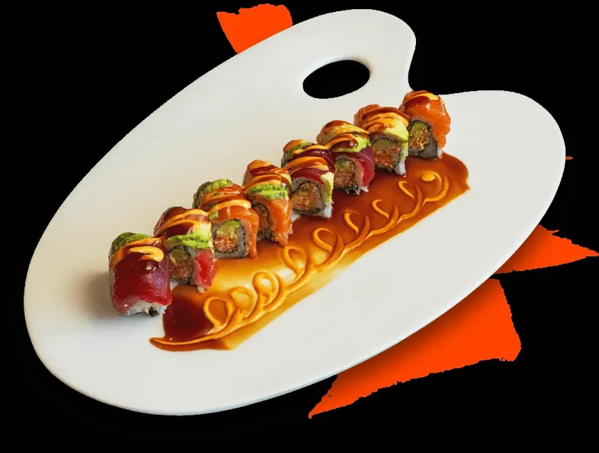 Eight sushi rolls with tuna, salmon, avocado, sauce on palette plate.