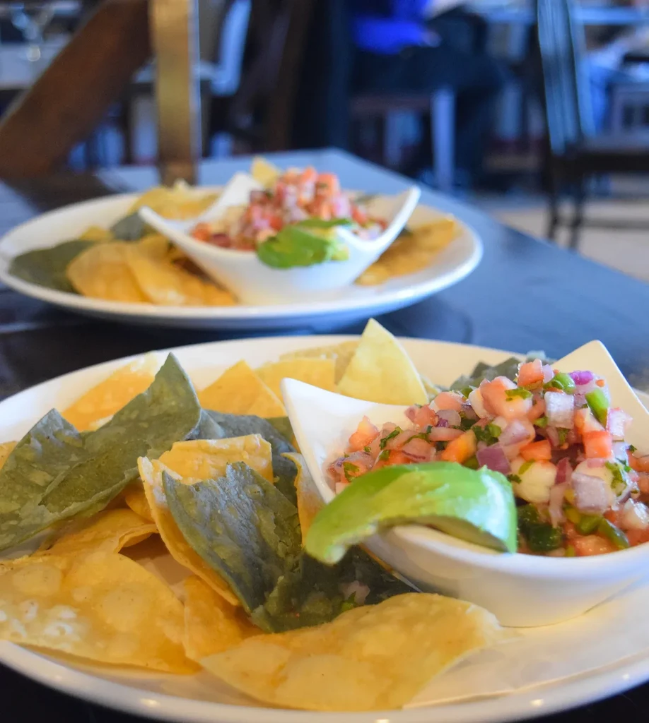 Two plates of tortilla chips and pico de gallo with avocado.