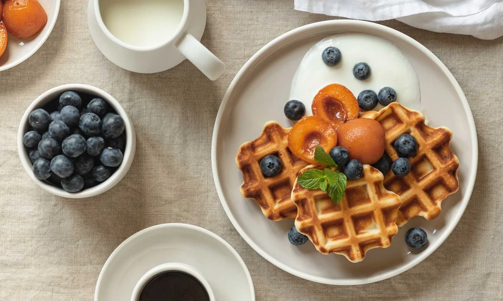 Overhead breakfast: waffles with apricots, blueberries, cream, and coffee.