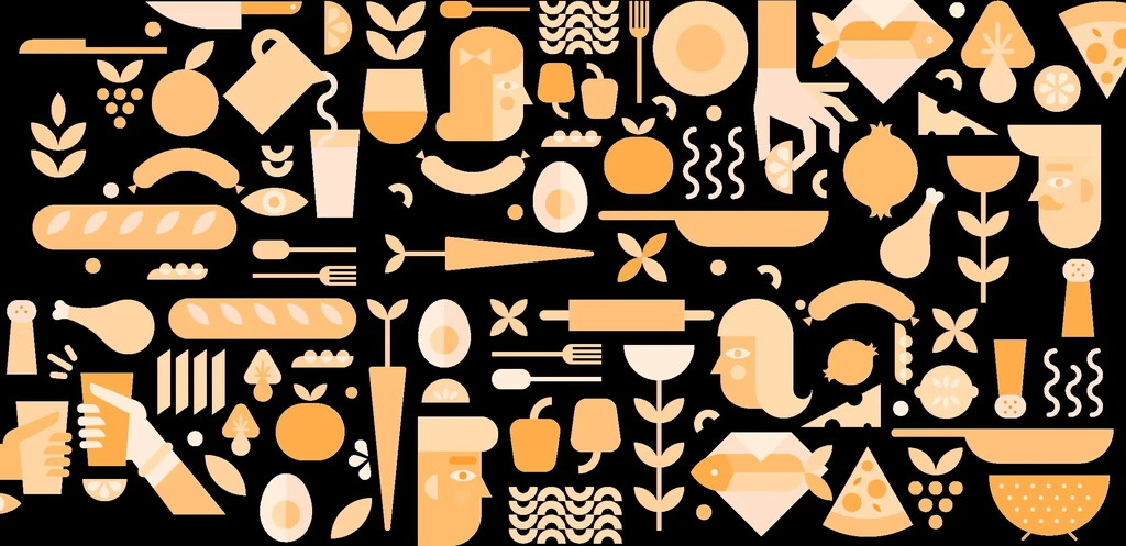 Dense peach-orange pattern of food, utensils, and faces on a black background.