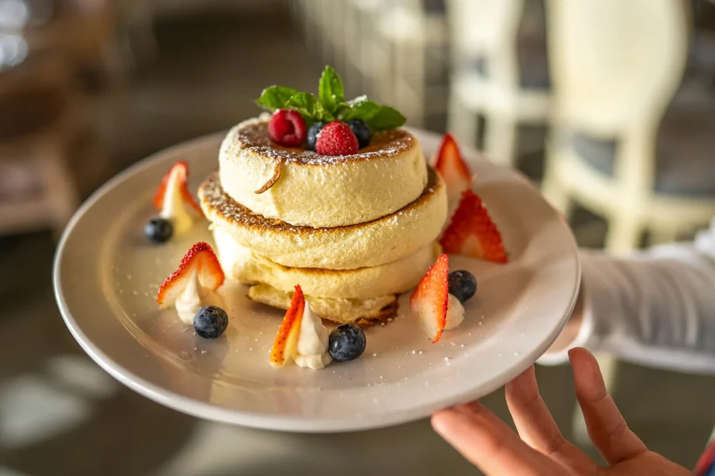 Fluffy Japanese soufflé pancakes with berries, powdered sugar, mint, and cream.