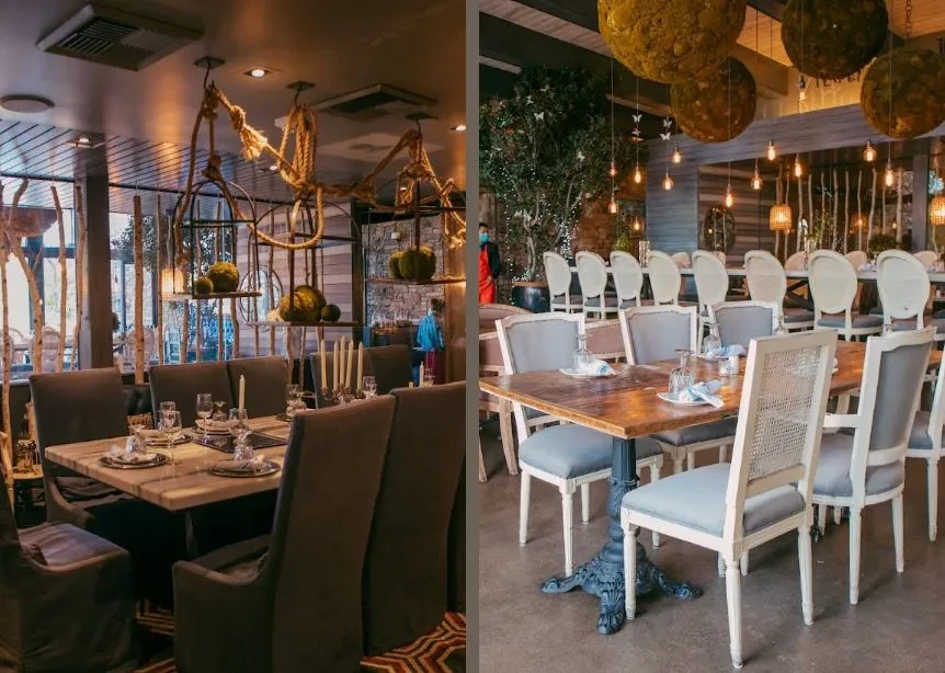 Split view of two distinct, upscale restaurant interiors with different themes.