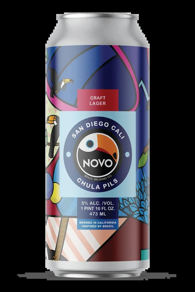 Aluminum can with geometric toucan label for Novo Brazil Chula Pils.