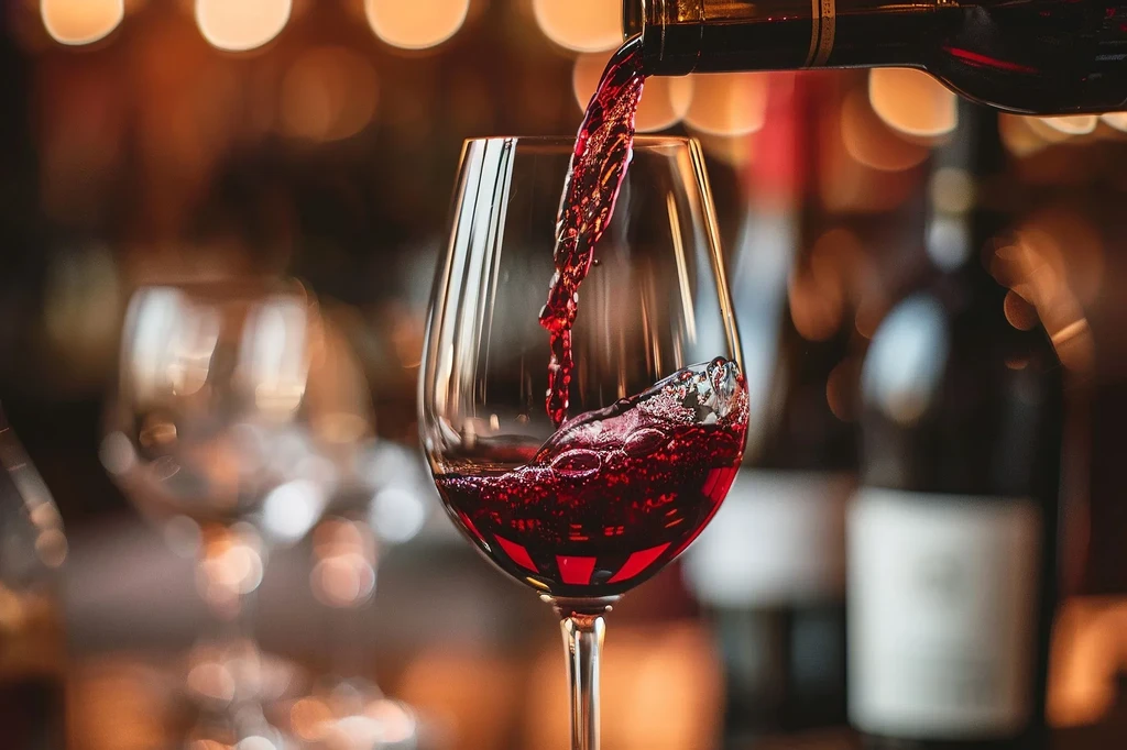 Red wine splashes from a dark bottle into a clear glass.