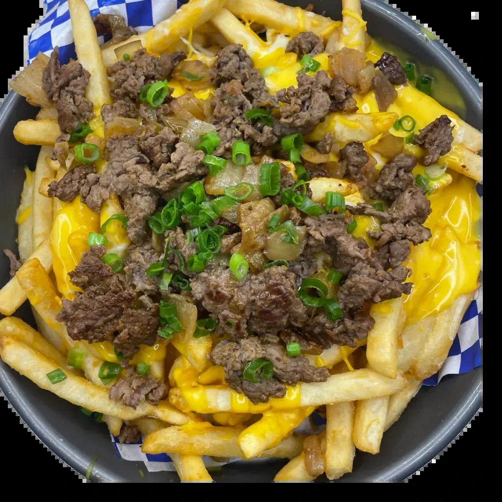 Loaded french fries with cheese, meat, onions, and scallions.
