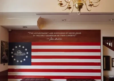 Green Dragon Tavern: early American flag mural with Madison quote.