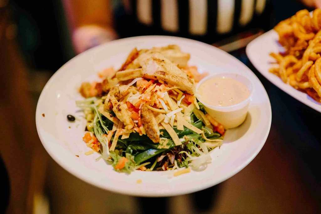 Grilled chicken salad with cheese, tortilla strips, dressing, and curly fries.