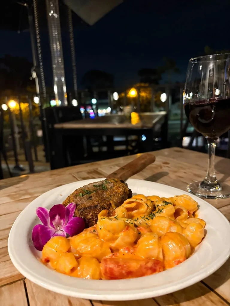 Creamy pasta, breaded cutlet with knife, red wine, outdoor dining.