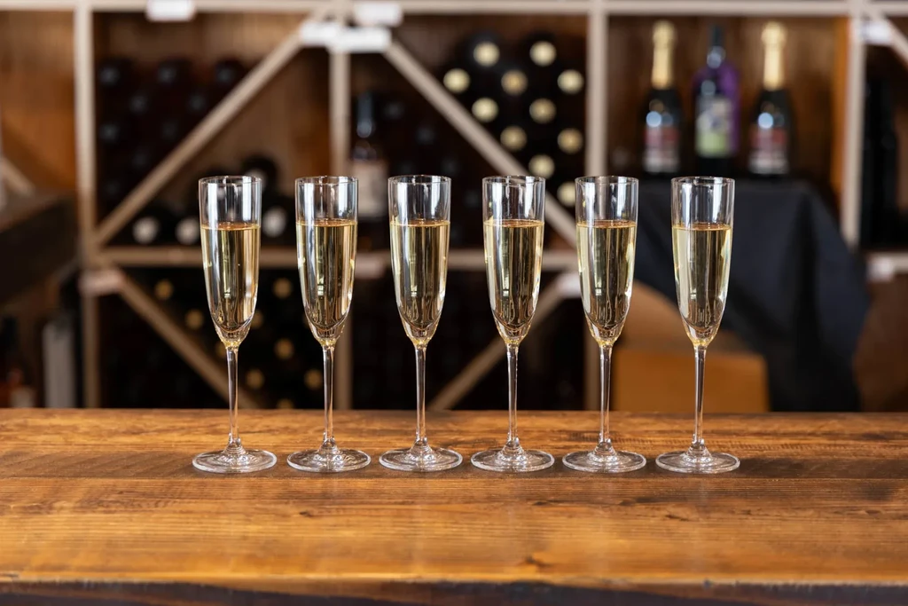 Six sparkling champagne flutes on wood, wine rack background.