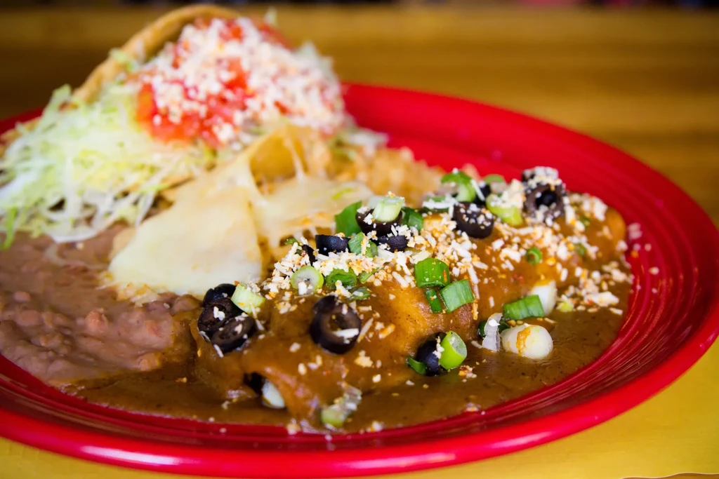 Mexican enchiladas with dark sauce, cheese, olives, and refried beans.