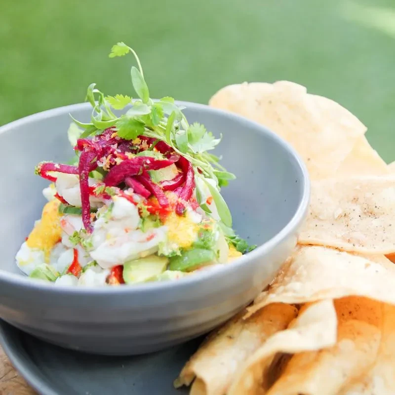 Colorful ceviche with seafood, avocado, red slices, herbs, and chips.