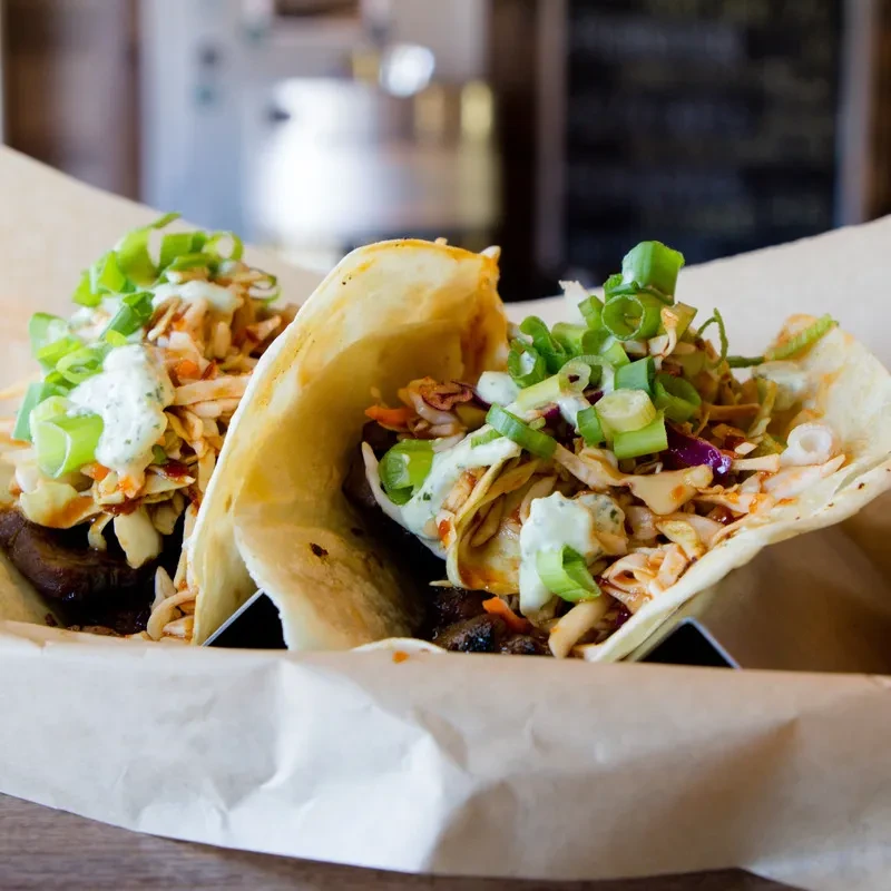 Two soft tacos with meat, colorful slaw, sauce, and green onions.