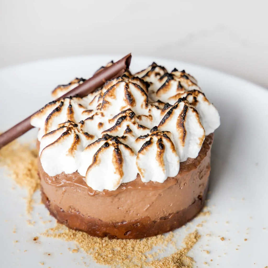 Toasted meringue pie with chocolate filling and a dark crust.