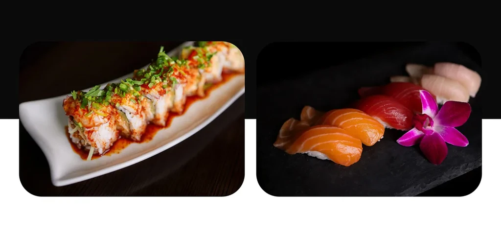Side-by-side photos: sushi roll with red sauce, colorful sashimi with orchid.