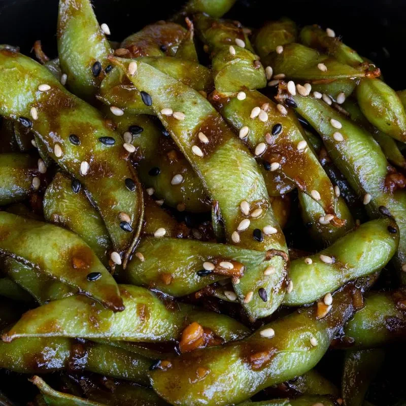 Close-up of cooked edamame in glossy sauce with sesame seeds.