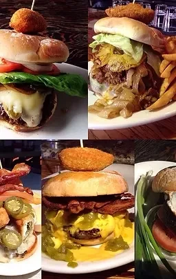 Vertical collage of five distinct gourmet burgers with various toppings.