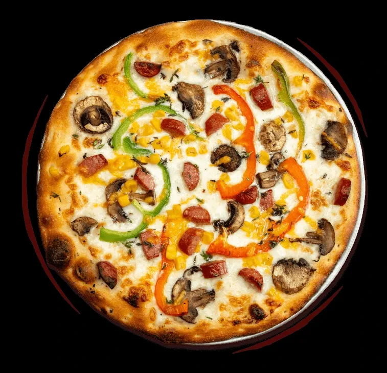Top-down pizza with mushrooms, corn, peppers, and meat on black.