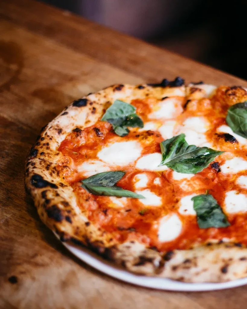 Neapolitan pizza with tomato, mozzarella, basil, charred crust, on white plate.