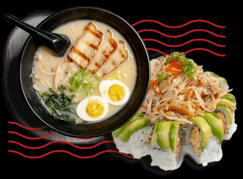 A ramen bowl with pork belly and an avocado crab sushi roll.