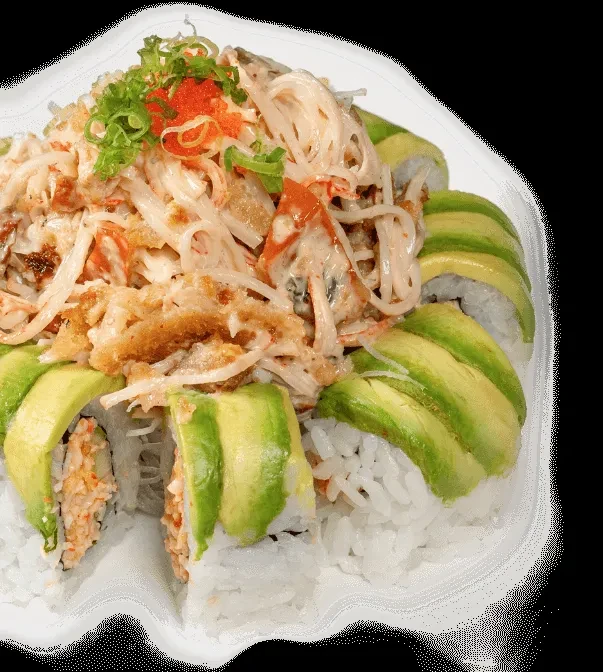 Platter of avocado sushi rolls with crab salad, green onions, and tobiko.
