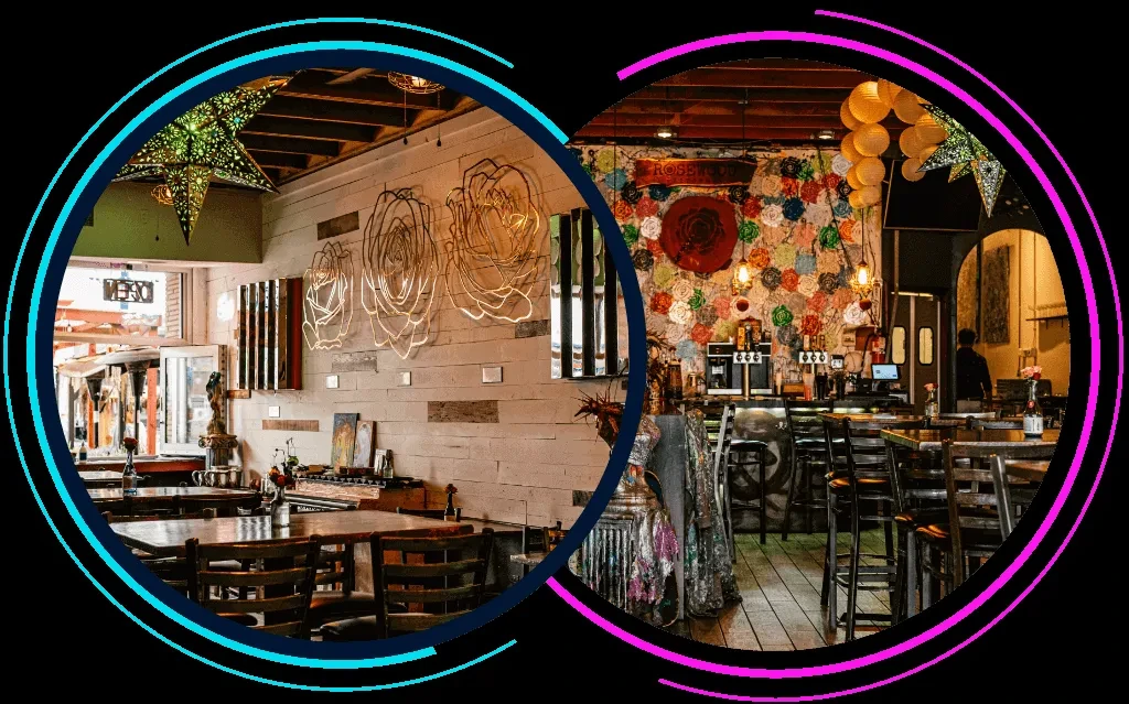 Two overlapping views of an eclectic rose-themed restaurant and bar interior.