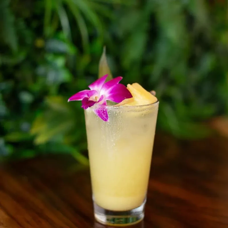 Glass with light yellow drink, pineapple chunks, and purple orchid.