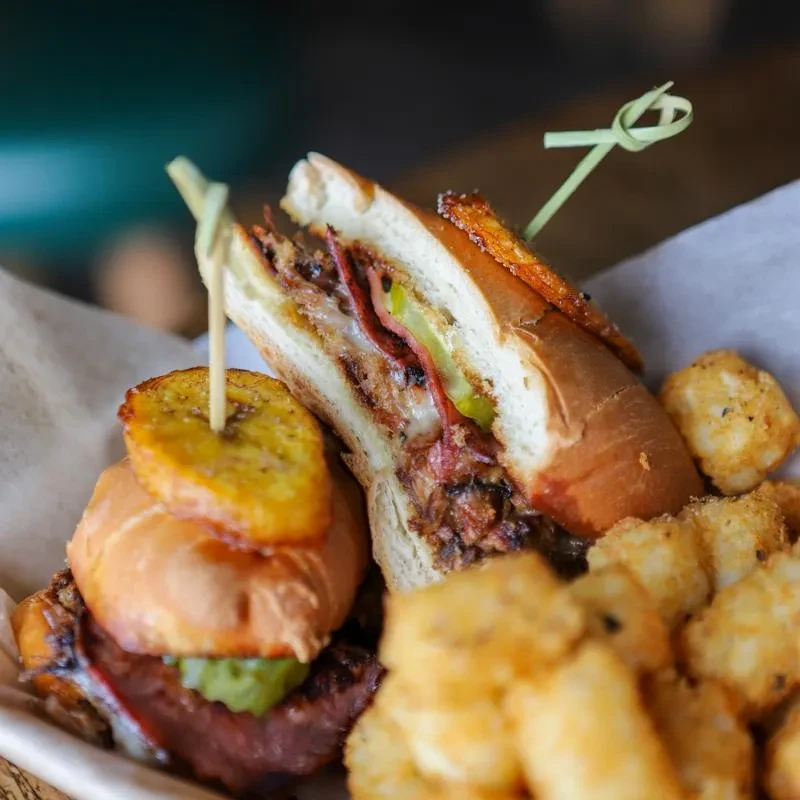 Pulled pork sandwich, plantain slider, and seasoned tater tots.